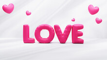 3D Render Of Pink Polka Dot Foil Love Text On Hearts Decorated Glossy Background.