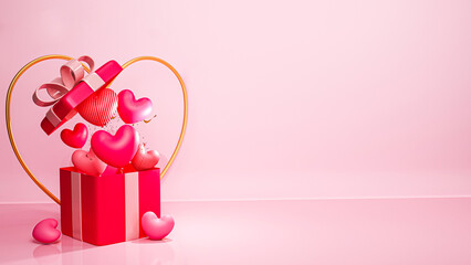 Canvas Print - 3D Render Glossy Hearts Coming Out of Gift Box And Golden Heart Shape Frame On Pink Background. Valentine's Day Concept.