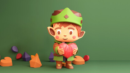 Sticker - 3D Render, Paper Heart Shapes And Cartoon Little Elf King. Love or Valentine's Day Concept.