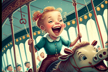 Illustration For A Children's Book Of A Smiling Child Has Fun On Bumper Cars - AI Generative