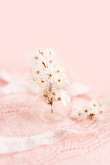 Canvas Print - Spring background with a beautiful pink flowering branch. Pastel pink background, delicate flowers bloom.	