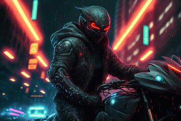 Wall Mural - A person wearing a futuristic neon light helmet sitting on a black motorcycle in a futuristic neon lit city at night, during a rainstorm, generative ai