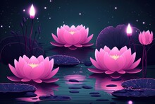 Pink Lily Pads Floating In A Dark, Magical River With A Background Of Dark Hues And Pink Bokeh, Vector Illustration, Generative Ai