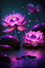 Bright And Shining Pink Lotus Flowers On A Reflective River, With A Greenish Background And Sparkles, Generative Ai