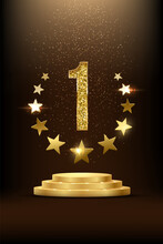 Golden Podium With Circle Of Stars, Number One And Falling Confetti, Gold Premium Award