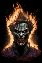 Scary Joker Burning Danger 8k High Resolution Villain Chaotic Madness Insane Crime Chaos Anarchy Wild Destructive Unstable Iconic Comic Graphic Expression Maniacal Grin Clown Fire Flame Burning 