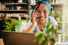Phone Call, Small Business Or Happy Black Woman Talking Or Networking With Startup Agro Retail Supplier. Laptop, 5g Mobile Or Female Entrepreneur Planning Or Speaking Of Floral Development Job Vision
