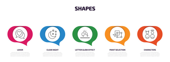 Wall Mural - shapes infographic element with outline icons and 5 step or option. shapes icons such as lover, clear night, letter glow effect, paint selection, characters vector.