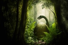  A Green Dinosaur In A Forest With A Large Ball In The Foreground And Trees In The Background, With A Light Coming From The Top Of The Head.  Generative Ai