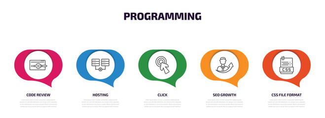 programming infographic element with outline icons and 5 step or option. programming icons such as code review, hosting, click, seo growth, css file format vector.