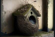  A Birdhouse With Moss Growing On The Roof And A Bird Flying By It's Door And Window Sill, With A Bird Flying Past It's Nest.  Generative Ai