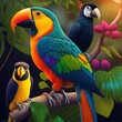  a painting of two colorful birds sitting on a branch in a tree with leaves and flowers in the background, with a bird in the foreground.  generative ai