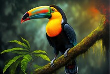  A Colorful Bird Perched On A Tree Branch In A Forest With Green Leaves And A Dark Background With A Yellow And Orange Beak And A Black Toucan.  Generative Ai