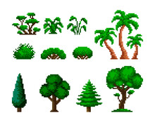 Trees And Backyard Bushes Pixel Art Icon Set. Forest Elements Logo Collection. 8-bit Sprite. Game Development, Mobile App. Isolated Vector Illustration