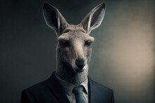  A Kangaroo In A Suit And Tie With A Serious Look On His Face And Eyes, With A Dark Background, Is Shown In The Image.  Generative Ai