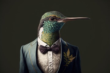  a bird wearing a suit and bow tie with a green background and a black background with a green background and a white stripe around the neck.  generative ai