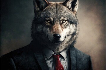  a wolf wearing a suit and tie with a dark background and a red tie on it's necktie and a dark background with a dark background.  generative ai