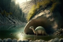  A Dinosaur Is Standing In A River With Ducks In It And A Cave In The Background With Trees And Rocks On The Ground And A River Bank.  Generative Ai