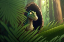  A Green Dinosaur Is Peeking Out Of A Cave In The Jungle With A Fern Tree Behind It And A Light Shining On Its Face And Eyes.  Generative Ai