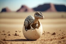  A Lizard Sitting Inside Of An Egg In The Desert With Mountains In The Background, With A Blue Sky And A Few Clouds In The Distance.  Generative Ai