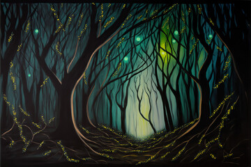 Wall Mural - magical fantasy forest at night in vector style. Enchanted fairytale with intertwined tree silhouettes. Generative AI