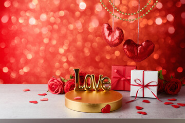 Poster - Valentines day background with golden podium, gift box and heart shapes. Holiday mock up for design and product display