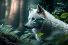 A White Wolf Is Lurking Behind The Leaves. Generative AI. Lovely White Wolf Wallpaper.