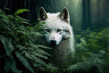 A white wolf is lurking behind the leaves. Generative AI. Lovely white wolf wallpaper.