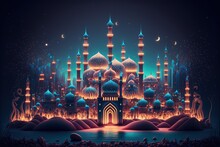  A Digital Painting Of A City With A Mosque And A Lake In The Middle Of It At Night Time With Stars And Moon In The Sky.  Generative Ai