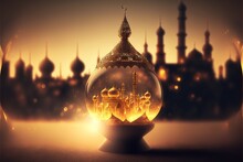  A Glass Ball With A Picture Of A City Inside It In Front Of A Cityscape With A Golden Glow On It And A Dark Background.  Generative Ai