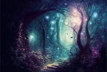 A Painting Of A Forest With A Pathway Leading To A Gate And A Butterfly Flying Over It At Night Time With Stars And Lights Shining On The Trees.  Generative Ai