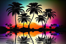 Night Neon Landscape With Palm Trees, Night Background, 90s, Retro Style, Bright Multi-colored Neon, Seascape. AI