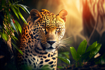 Wall Mural - Nature photography of exotic animals, gorgeous jaguar/leopard in the jungle, background/wallpaper/desktop, generative ai