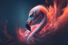  A Flamingo Is Shown In A Surrealistic Photo With A Blue Background And Red And Orange Feathers And A Black Background With A Blue And Red Background.  Generative Ai