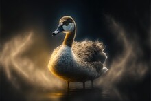  A Duck With A Yellow Beak Standing In Water With Steam Coming Out Of Its Back Feathers And A Black Background With A Yellow Spot In The Middle.  Generative Ai