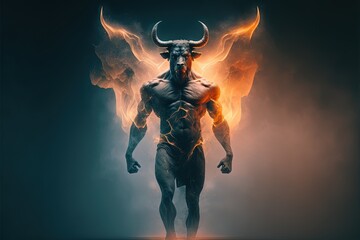  a man with horns and wings standing in the dark with fire behind him and a demon like body painted on his chest and chest,.  generative ai