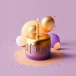 birthday themed minimalist gold and purple cake with yellow candle surrounded by balloons and confetti on purple background generative ai	
