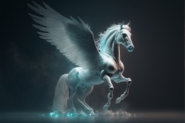 Sticker -  a white horse with wings on its back in the dark sky with a reflection of its body in the water and a reflection of its rear end.  generative ai