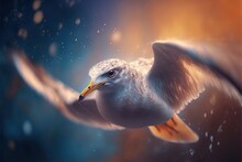  A Bird Flying Through The Air With Its Wings Spread Out And It's Beak Open And It's Wings Spread Wide, With A Blurry Background Of Water And Bubbles.  Generative Ai