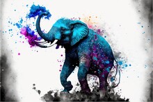  An Elephant With A Paint Splattered Trunk And Trunk In Its Mouth, Standing On A Hill Of Dust And Watercolor Splats.  Generative Ai