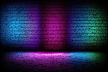 Wall Mural - Empty brick walls, colorful neon light. AI