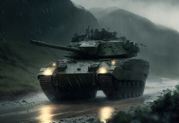 tank on a rainy road created with Generative AI technology