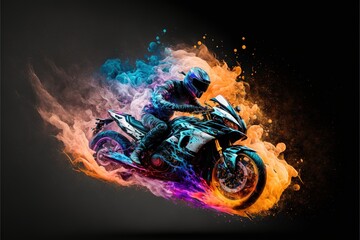  a motorcycle rider is in the air with a lot of fire and smoke behind him, on a black background, with a black background.  generative ai