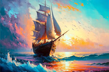 Sail Into The Sunset, Colorful Oil Painting On Canvas, Impressionism Style, Generative AI