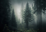 Fototapeta Las - foggy forest scene in darken colors created with Generative AI technology