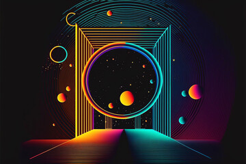 Wall Mural - neon rainbow vector portal to outer space with moons stars planets and dark background, generative a