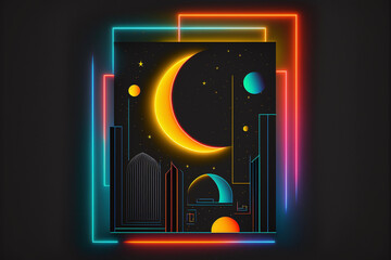 Wall Mural - neon rainbow vector portal to outer space with moons stars planets and dark background, generative a