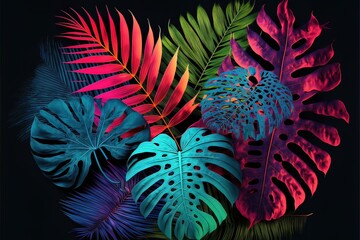 Wall Mural - Multicolored tropical leaves, multicolored bright neon light, exotic and tropical leaves. AI