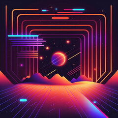 Wall Mural - neon rainbow vector portal to outer space with moons stars planets and dark background, generative a