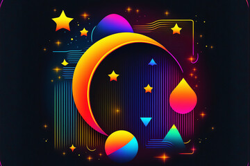 Wall Mural - neon rainbow vector portal to outer space with moons stars planets and dark background, generative a